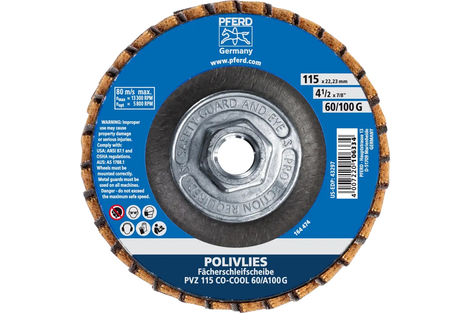 Picture of Pferd Polivlies® Non-Woven Flap Disc, 4-1/2"x 5/8-11, 60 Grit, Coarse, Ceramic Co-Cool